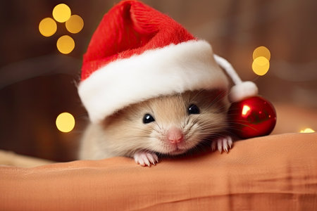 Cute Christmas funny mouse in Santa red hat.の素材
