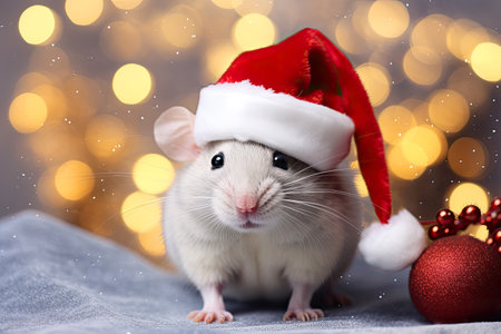 Cute Christmas funny mouse in Santa red hat.の素材