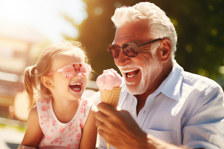 Happy smiling grandfather and grandchild eating ice cream on sunny summer day.の素材