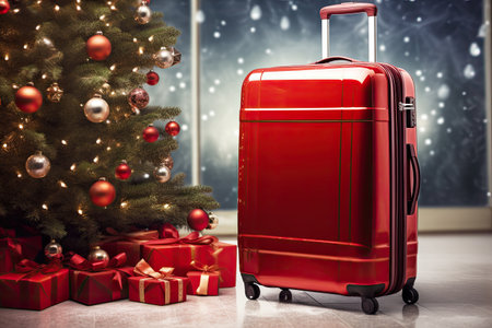 Red suitcase near Christmas tree at the airport.の素材