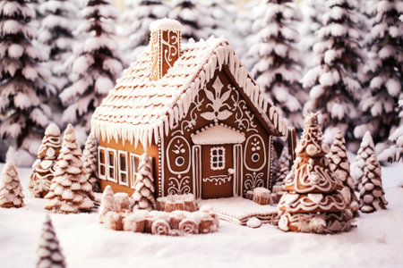 Gingerbread house in snow forest.の素材