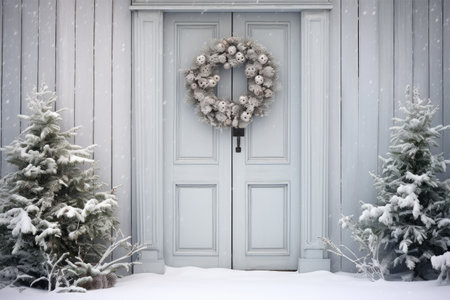Elegant Christmas wreath on white door in snowy day.の素材