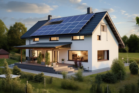 Newly built home with solar panels on the roof.の素材