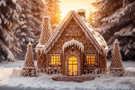 Gingerbread house in snow forest.の素材
