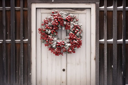Elegant Christmas wreath on white door in snowy day.の素材