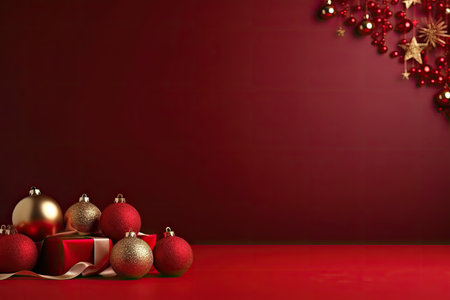 Dark red room wall decorated for Christmas. Copy space for your text.の素材