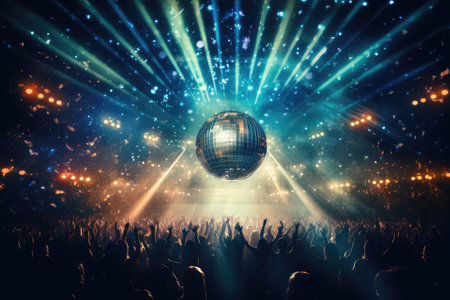 Party in concert stage with disco ball of the disco era.の素材