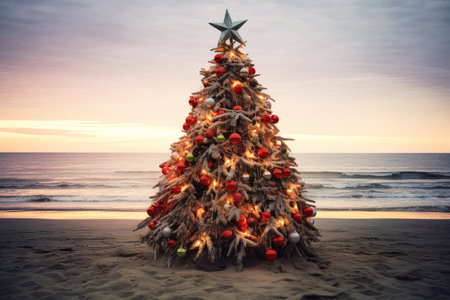 Decorated Christmas tree on the beach near the ocean.の素材