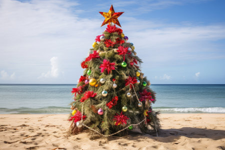 Decorated Christmas tree on the beach near the ocean.の素材