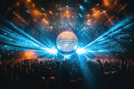 Party in concert stage with disco ball of the disco era.の素材