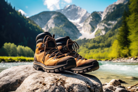 Trekking boots near mountain river.の素材