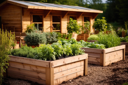 Beds in garden growing plants, herbs and vegetables.の素材