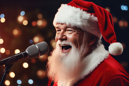Happy smiling man with a gray beard in red Santa hat sings Christmas songs.の素材