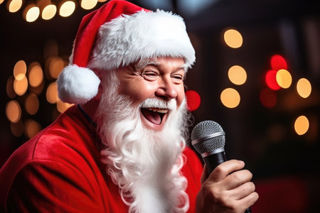 Happy smiling man with a gray beard in red Santa hat sings Christmas songs.の素材