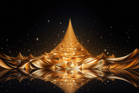 Golden Christmas Tree on a black background. Abstract Night.の素材