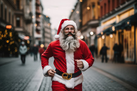 Santa Claus runs down the Christmas street.の素材