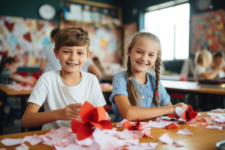Smiling girl and boy making paper valentine decorations for party in school class.の素材