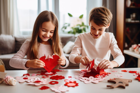 Smiling girl and boy making paper valentine decorations for party in school class.の素材