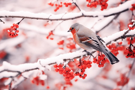 Colorful bird sitting on mountain ash branch in winter snow dayの素材