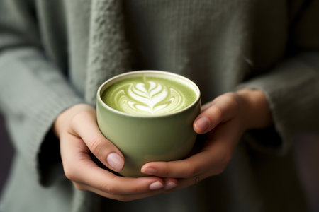 Hands of woman hold a cup with matcha green tea latte.の素材