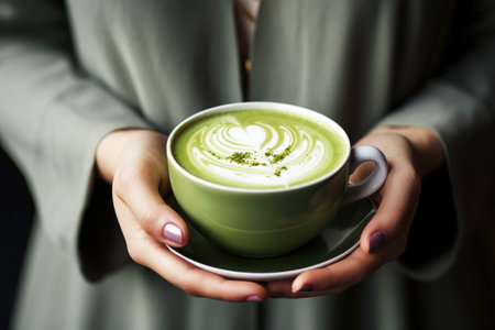Hands of woman hold a cup with matcha green tea latte.の素材