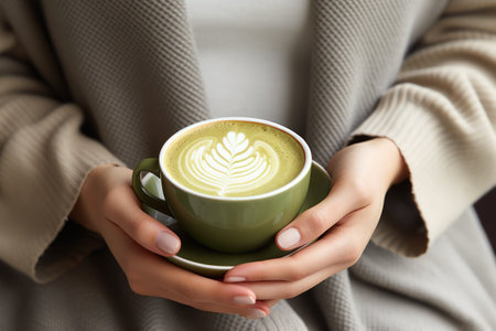 Hands of woman hold a cup with matcha green tea latte.の素材