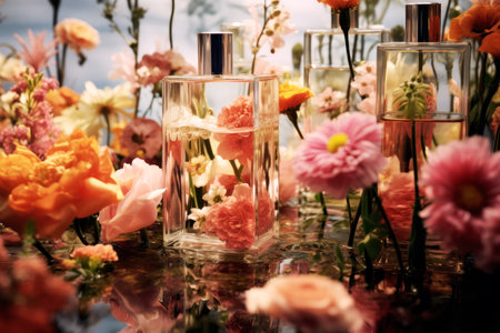 Cosmetic bottles among flowers in water.の素材