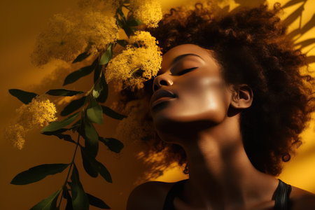 Portrait of afro american beautiful woman pressing a mimosa branch to her cheek.の素材
