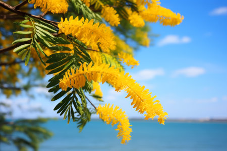 Mimosa branches against the blue sky.の素材