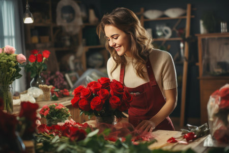 Attractive woman florist working in flower shop. Creating decor with hearts and flowers for saint valentine celebration.の素材