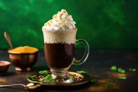 Irish coffee with cream and for St Patricks Day on green background.の素材