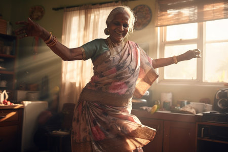 Smiling Indian elderly woman dancing near the window.の素材