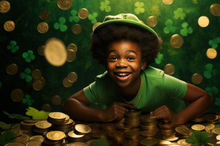 Funny afro american boy in green leprechaun hat among golden coins.の素材