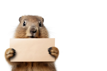 Funny baby groundhog holding a blank poster. Copy space for your text.の素材