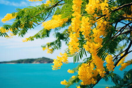 Mimosa branches against the blue sky.の素材