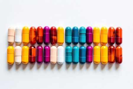 Colorful medical pills on a white background.の素材