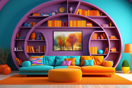 Colorful living room with sofa and plenty of bookshelves on the wall.の素材