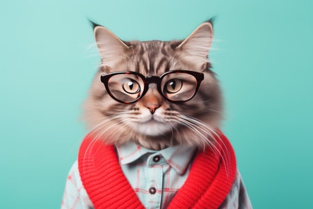 Funny cat wearing glasses and fashion sweater on pink background.の素材