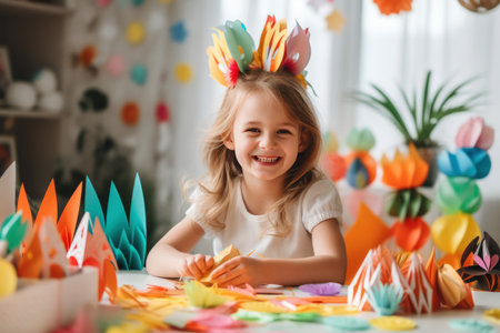 Happy laughing child girl making paper easter decor for party in classroom.の素材