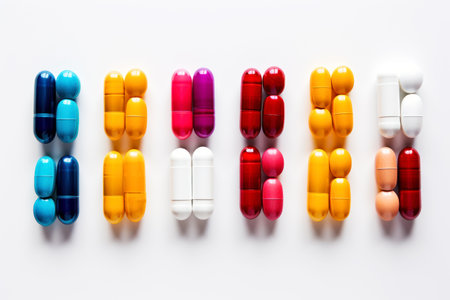 Colorful medical pills on a white background.の素材