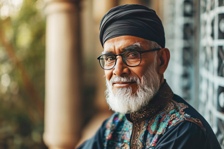 Portrait of middle aged Muslim man wearing traditional clothes.の素材