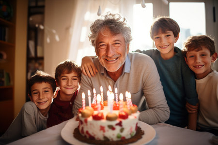 Elderly man celebrating birthday with his grandsons.の素材