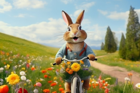 Funny rabbit on a bicycle with flowers in spring meadow.の素材