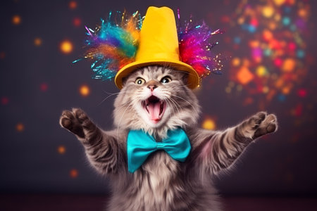 Funny cat in birthday hat, balloons and throwing confetti. Animal birthday celebration.の素材
