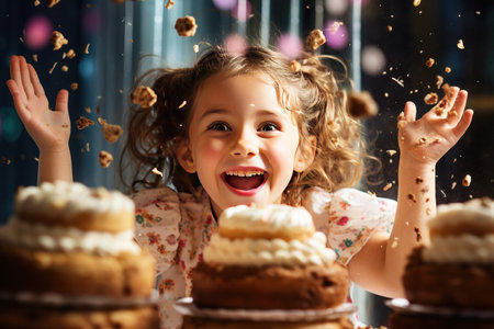Portrait of smiling happy birthday girl with cake and confetti.の素材