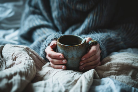 Hands of middle aged caucasian woman is sitting on the sofa with a mug of hot drink.の素材