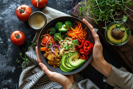 Colorful bowl with avocado and vegetables in a woman's hands.の素材