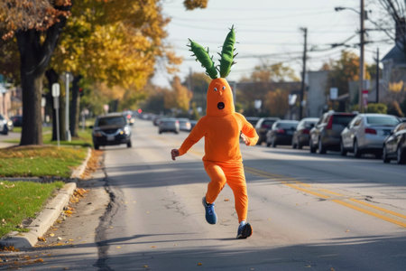 Character dressed as a carrot runs down the street with a marathon.の素材