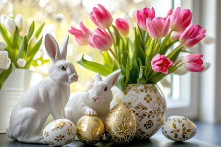 Easter home decor: tulips, easter rabbits and eggs with gold pattern.の素材