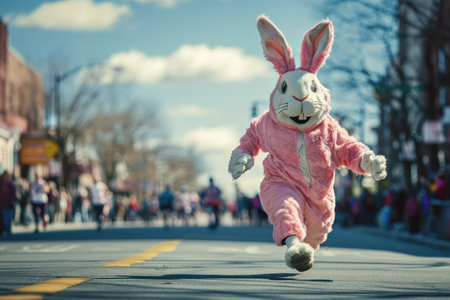 Character dressed as a bunny runs down the street with a marathon.の素材